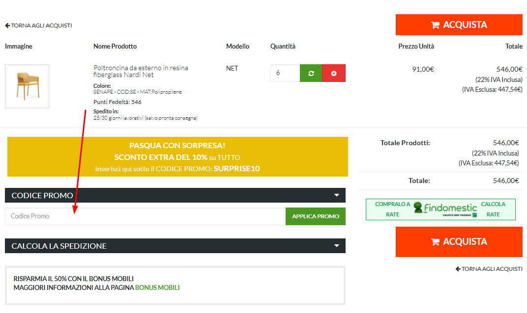 Dove inserire il codice sconto ABITAREarreda