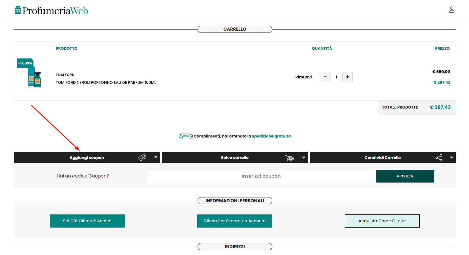 Dove inserire il codice sconto ProfumeriaWeb