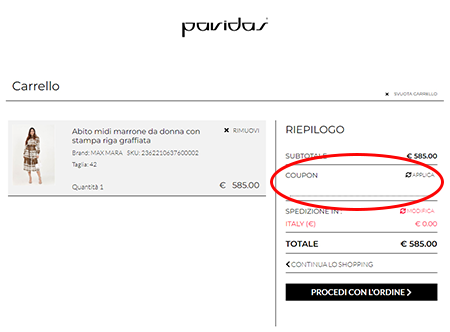 Dove inserire il codice sconto Pavidas