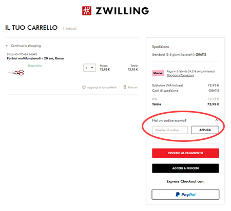 Dove inserire il codice sconto Zwilling