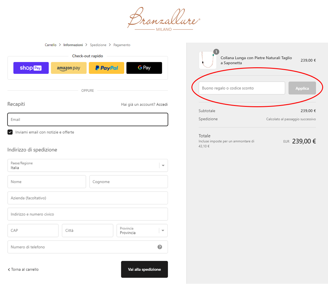 usare il codice sconto Bronzallure Dove inserire il codice sconto Bronzallure