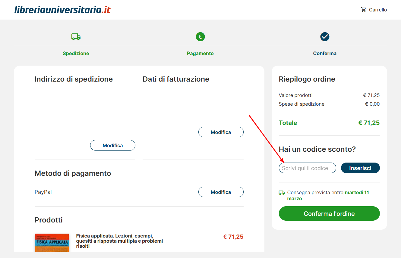 codice sconto Libreria Universitaria Dove inserire il codice sconto Libreria Universitaria