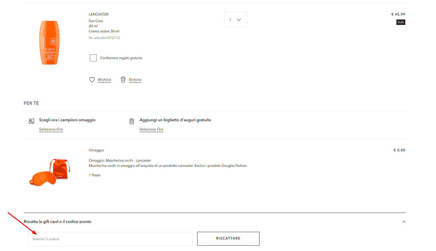 dove inserire il codice sconto Douglas