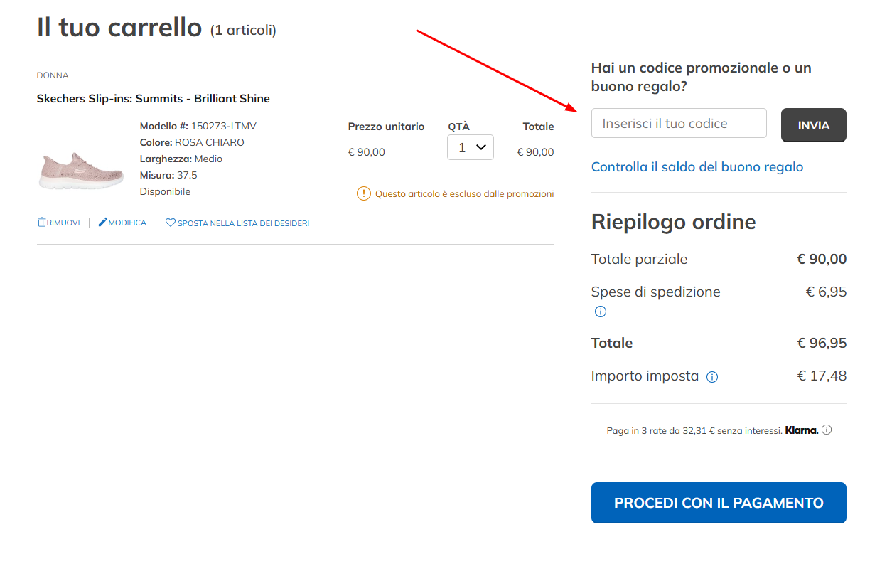 codice sconto Skechers Dove inserire il codice sconto Skechers