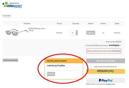 Dove inserire il codice sconto Vista Expert online