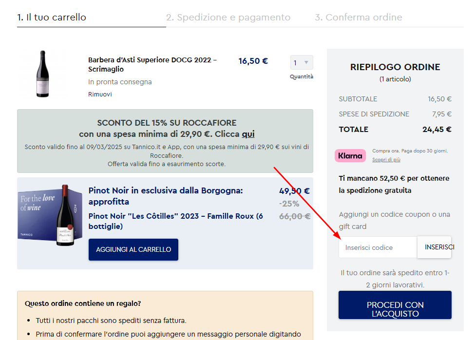 Dove inserire il codice sconto Tannico
