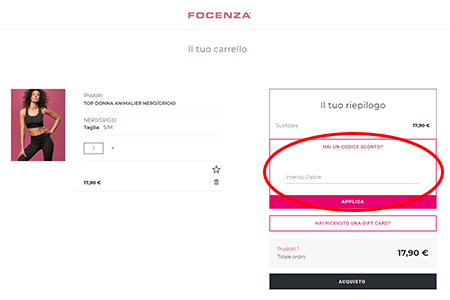 inserire il codice sconto Focenza Dove inserire il codice sconto Focenza
