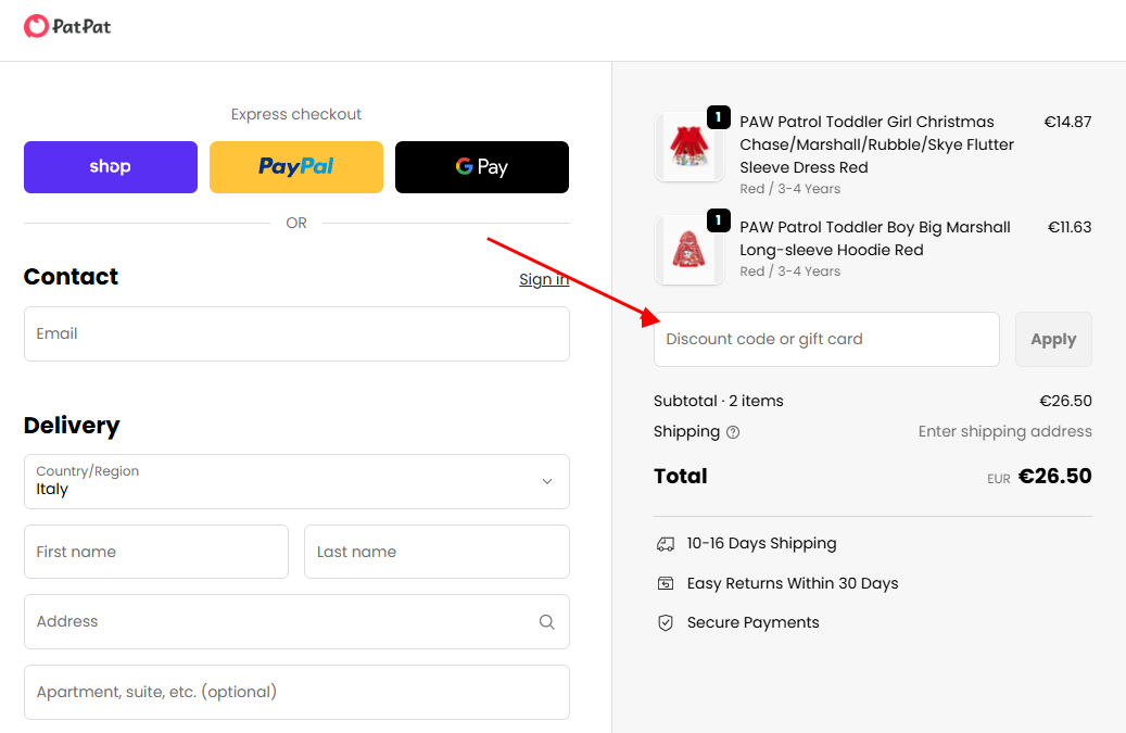 Dove inserire il codice sconto PatPat