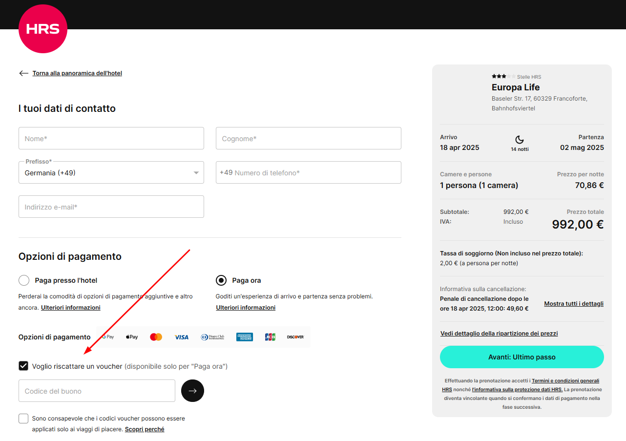 voucher HRS Hotel Dove inserire il codice sconto HRS