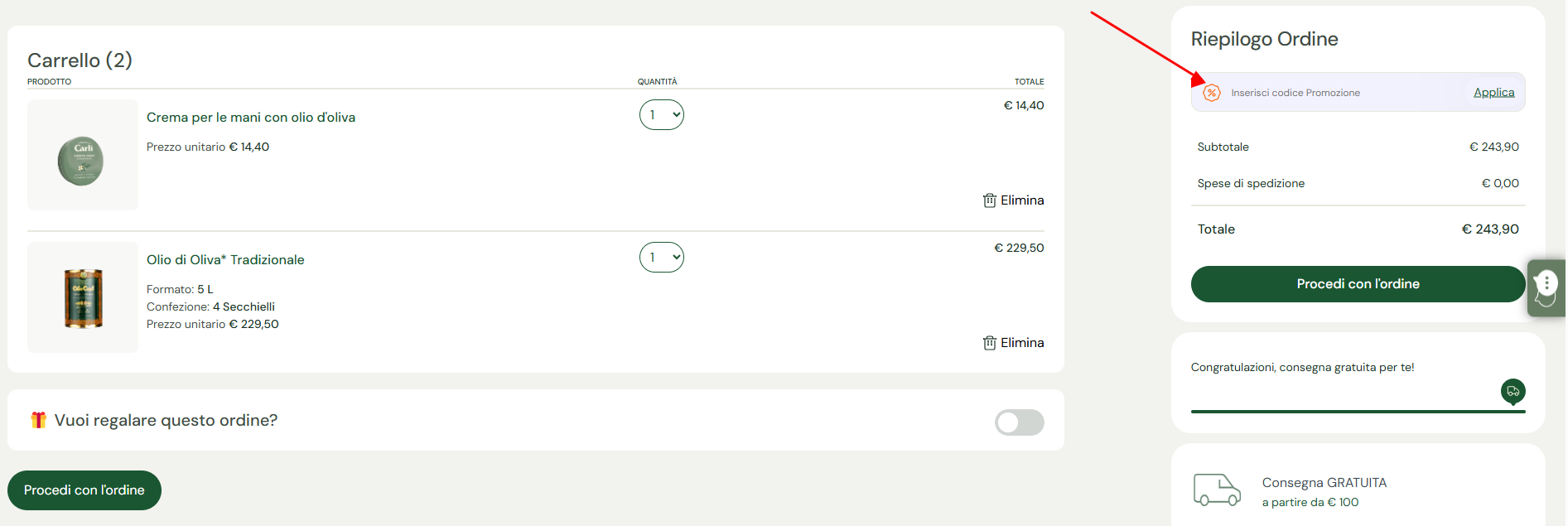 codice promozione Olio Carli Dove inserire il codice sconto Olio Carli