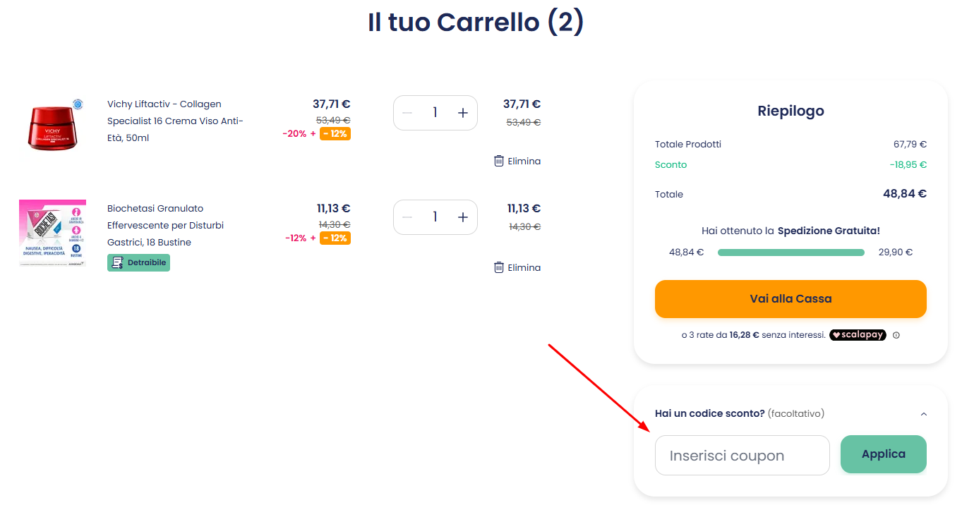 Dove inserire il codice sconto Semprefarmacia