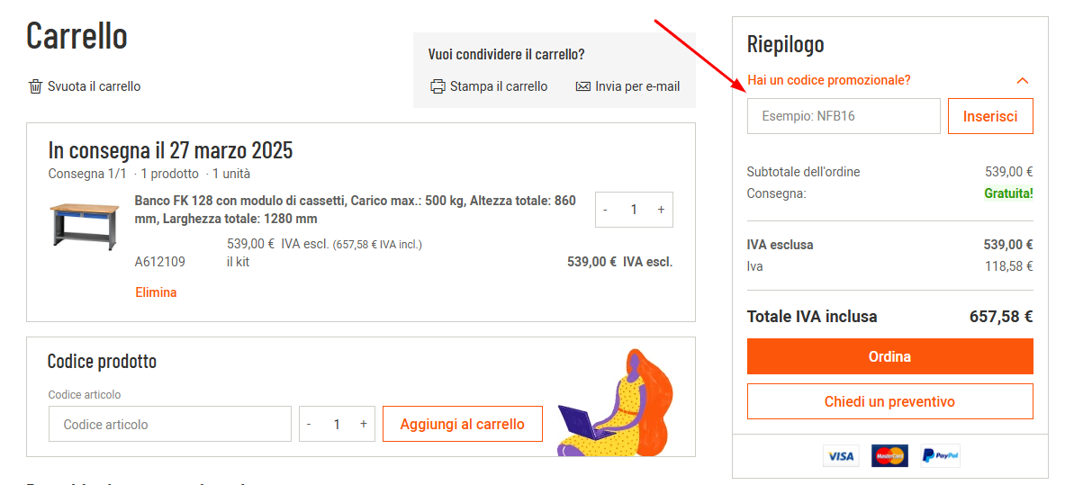 Dove inserire il codice sconto Manutan