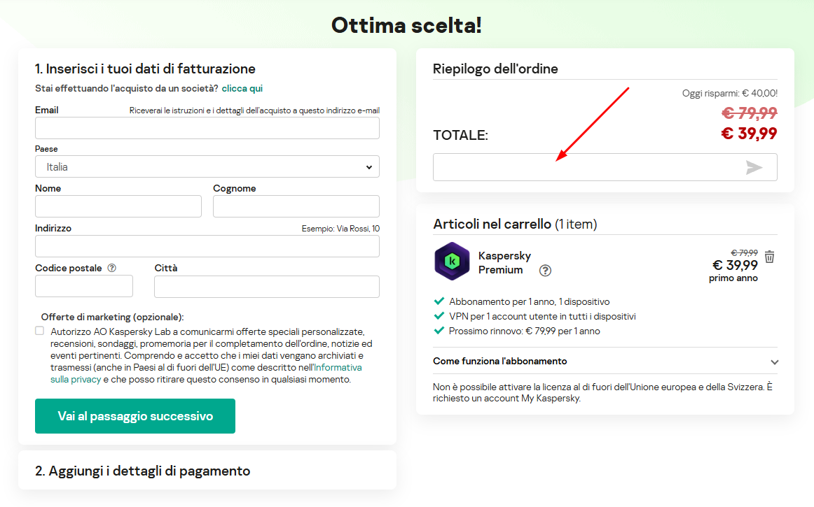 Dove inserire il codice sconto Kaspersky
