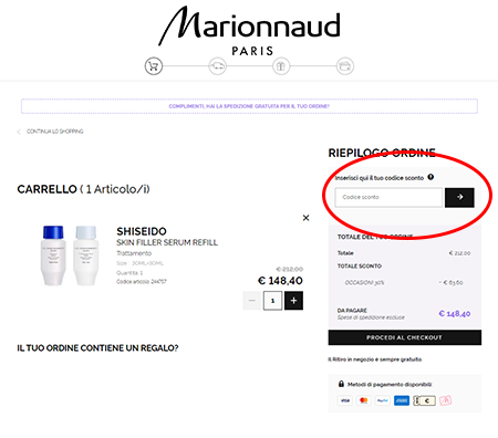 Dove inserire il codice sconto Marionnaud