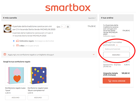usare il codice sconto Smartbox Dove inserire il codice sconto Smartbox