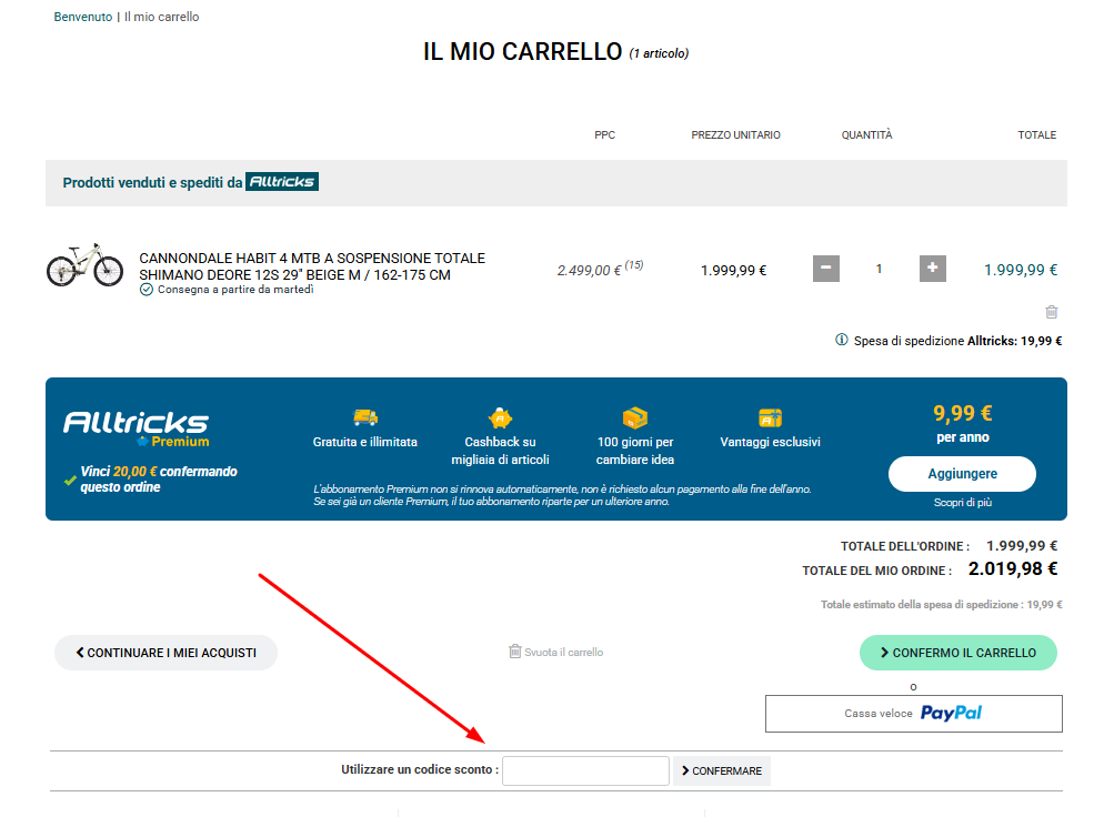 Dove inserire il codice sconto Alltricks