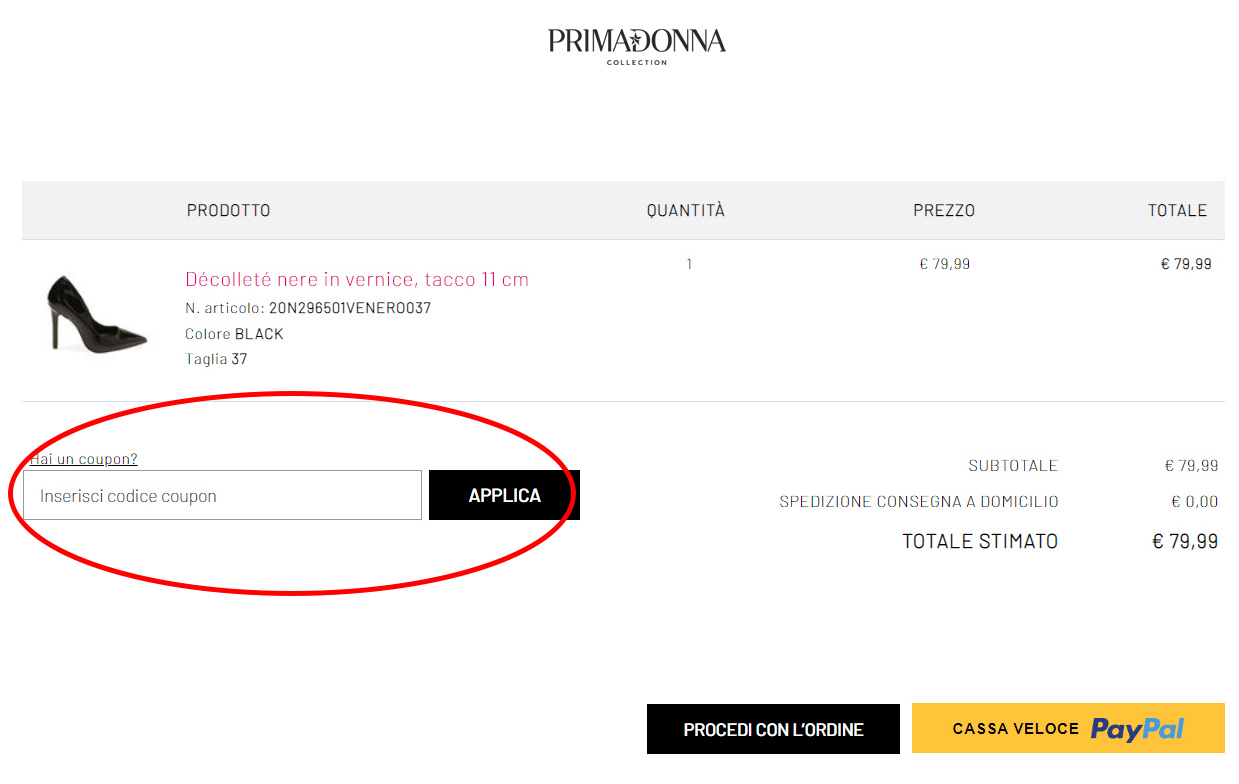 Dove inserire il coupon Primadonna? Coupon Primadonna