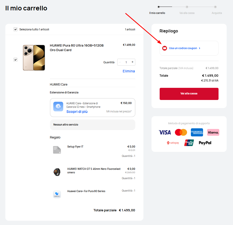 Dove inserire il codice sconto HUAWEI