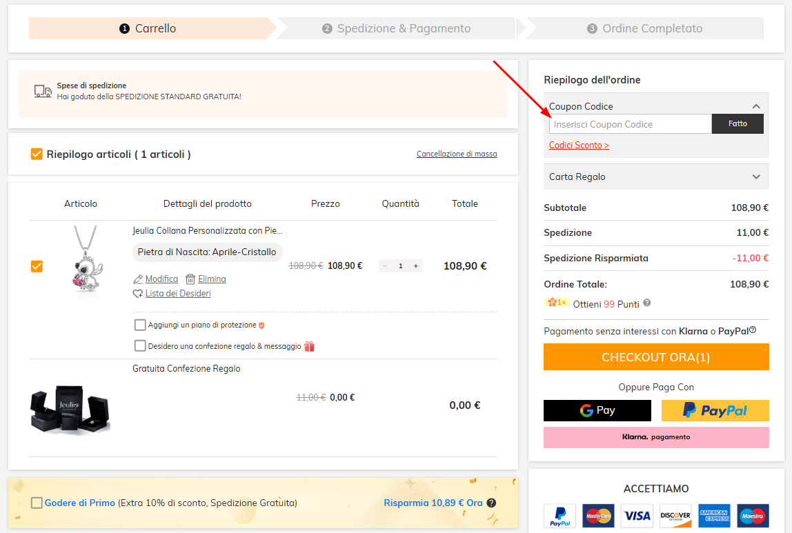 Dove inserire il codice sconto Jeulia