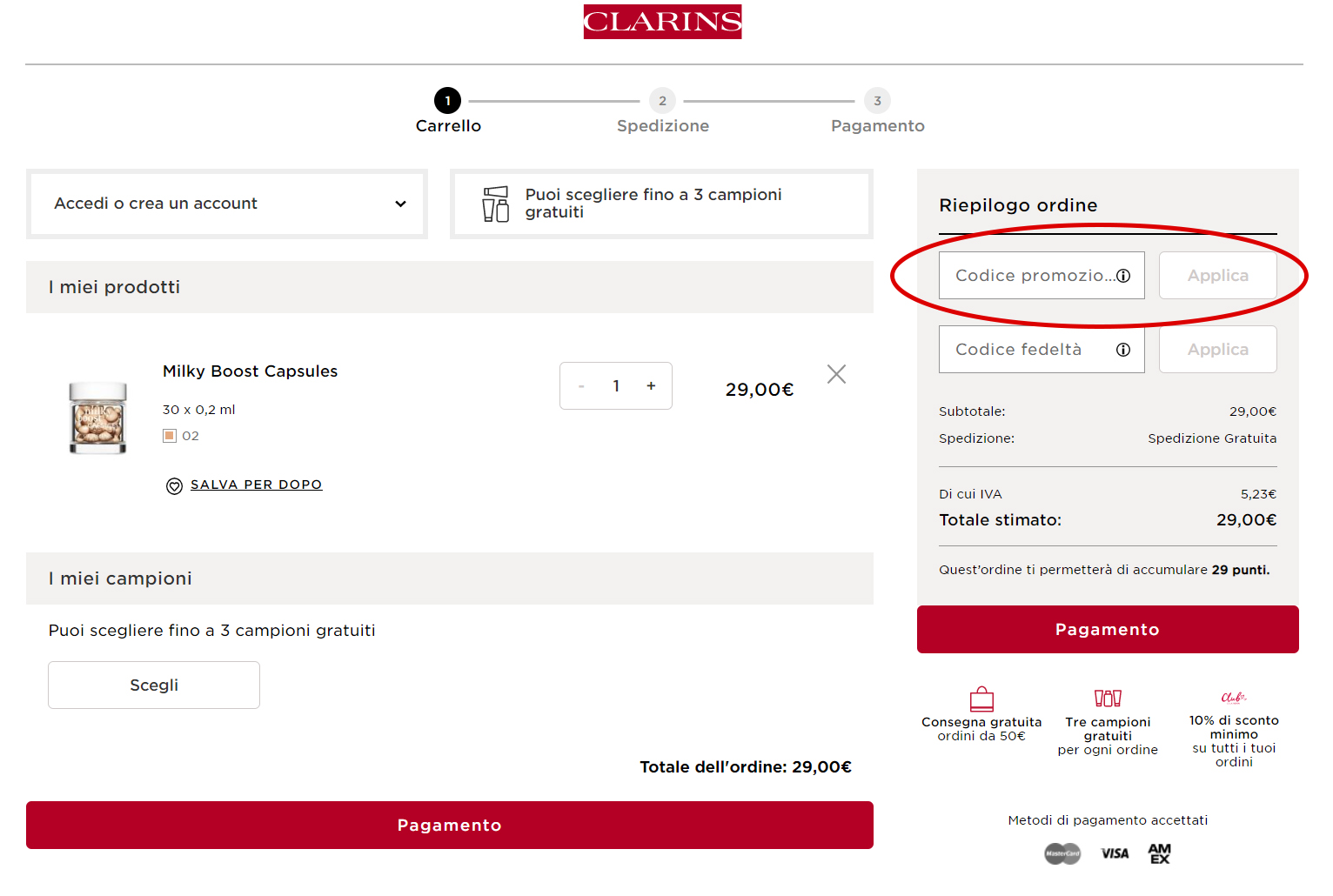 dove va inserito il codice promozionale Clarins codice promozionale Clarins