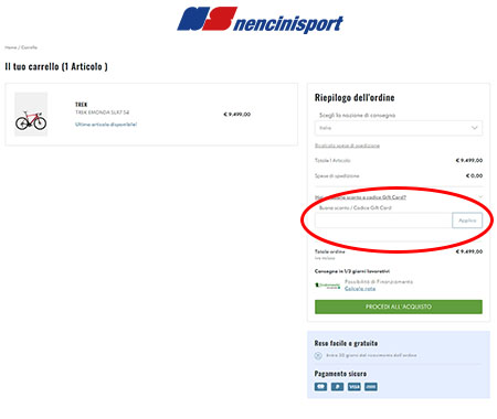 Dove inserire il codice sconto Nencini Sport