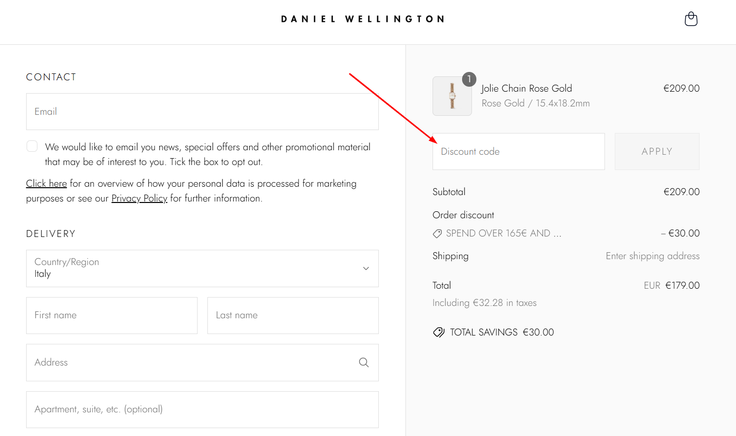 Dove inserire il codice sconto Daniel Wellington