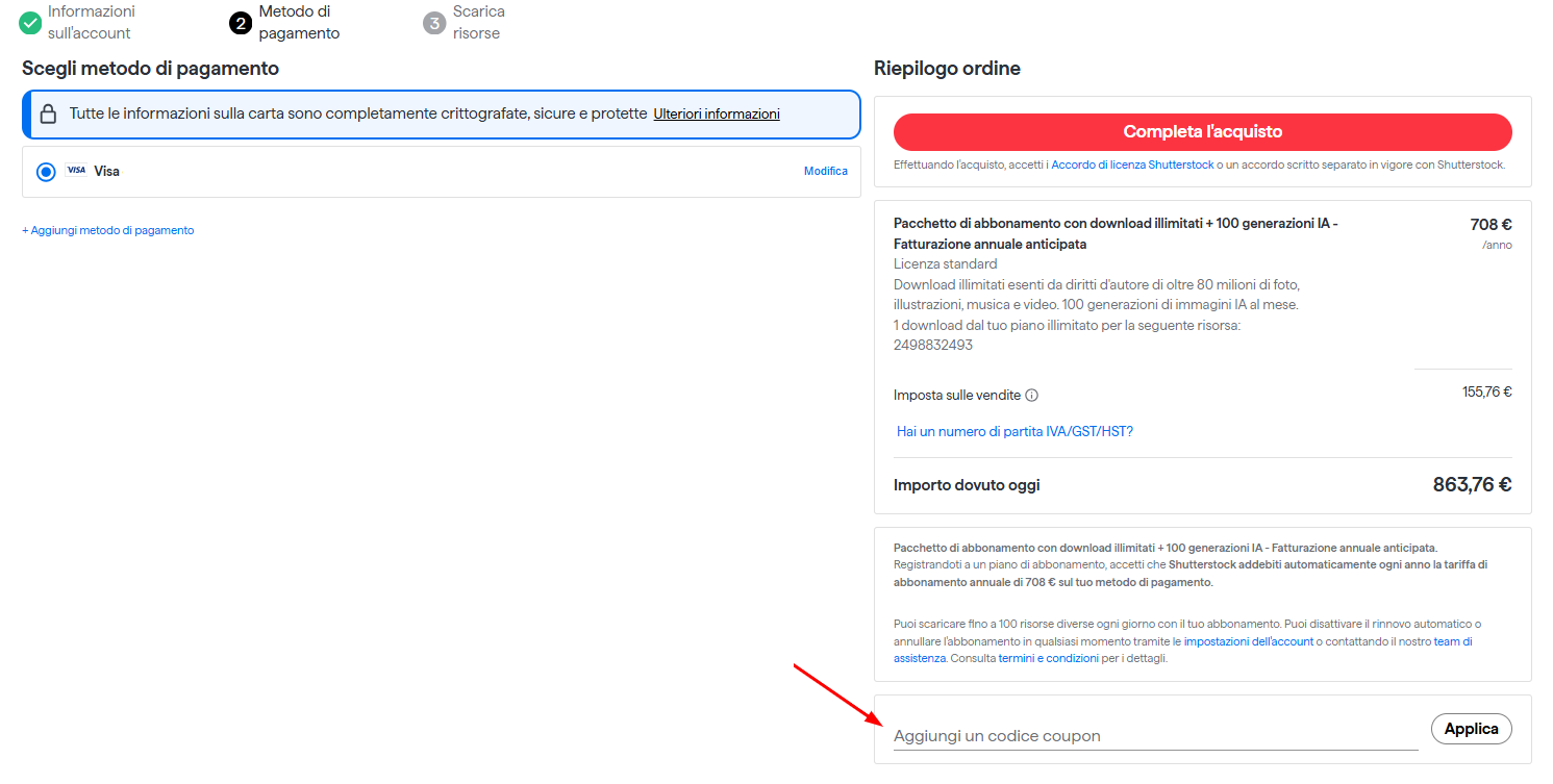 Dove inserire il codice coupon Shutterstock