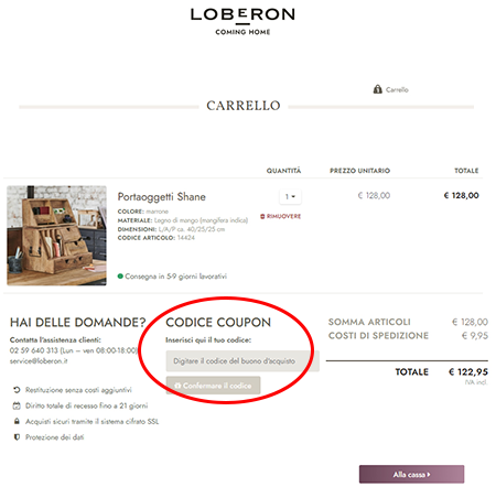 Dove inserire il codice sconto Loberon