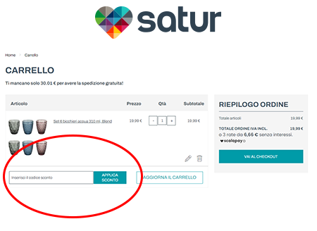 codice sconto Satur Dove inserire il codice sconto Satur