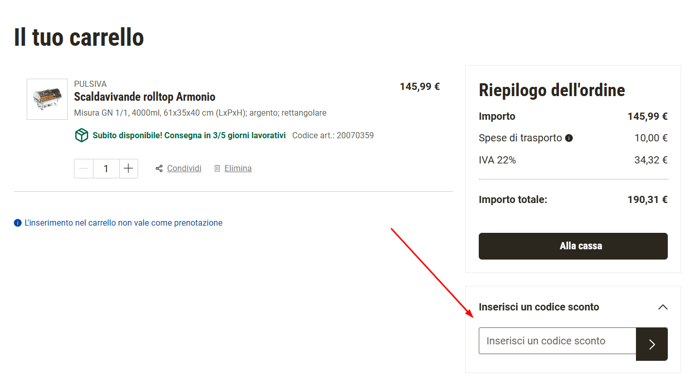 codice sconto LUSINI Dove inserire un codice sconto LUSINI