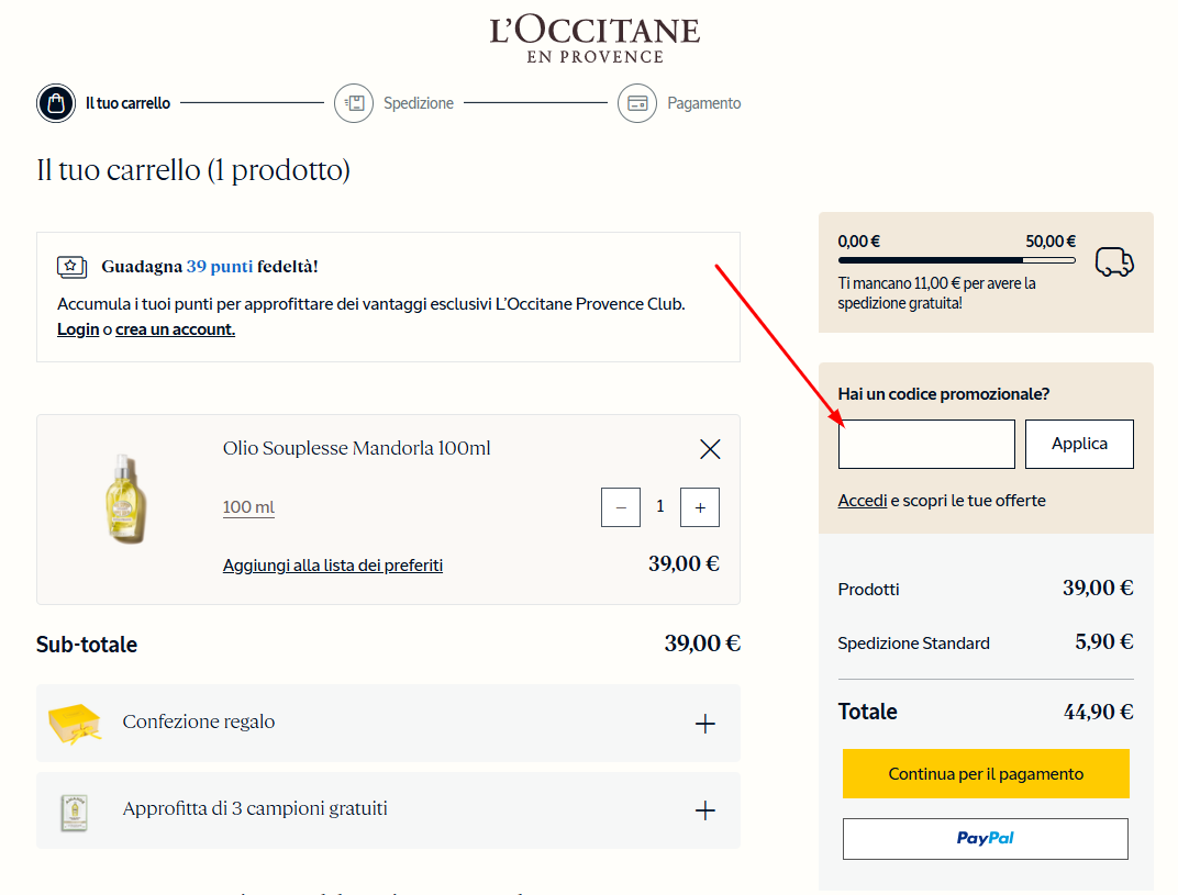 Dove inserire il codice sconto L'Occitane en Provence