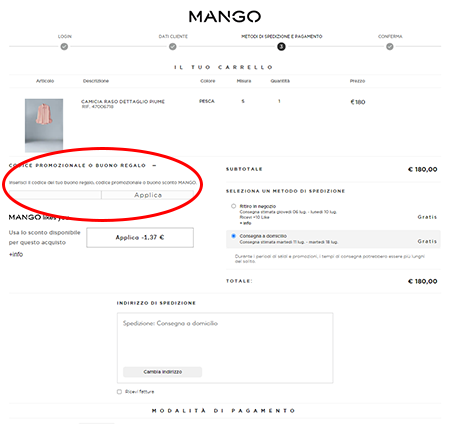 Dove inserire il codice sconto Mango