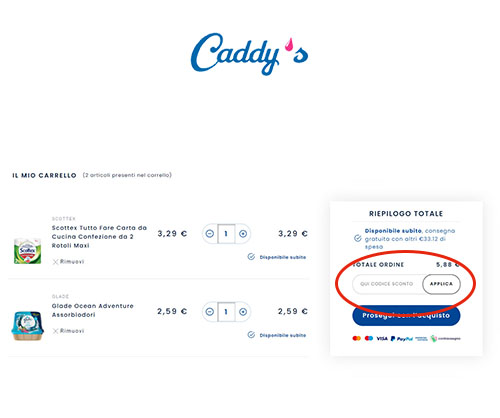 Dove inserire il codice sconto Caddy's