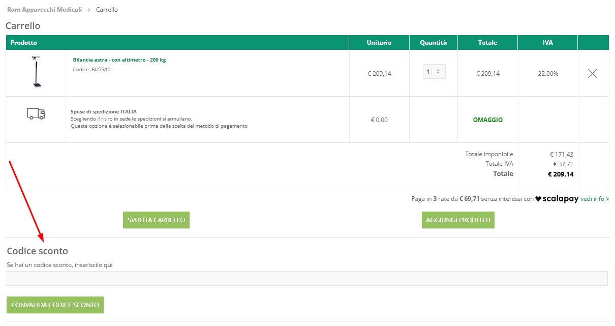 Dove inserire il codice sconto RAM Apparecchi Medicali