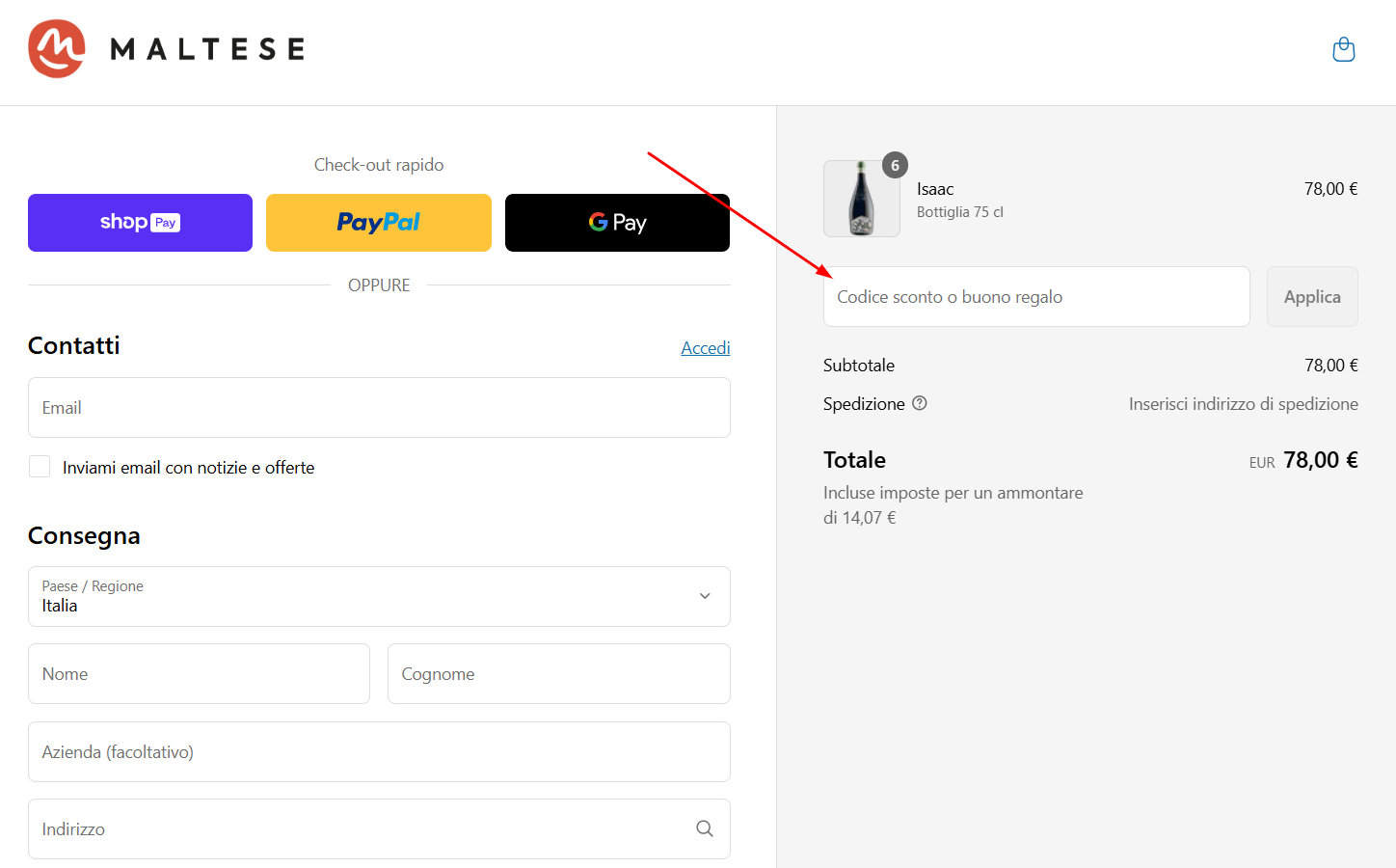 dove inserire il codice sconto Maltese