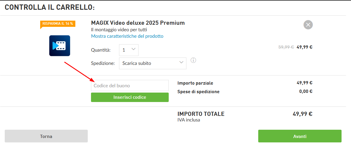 Dove inserire il codice sconto Magix