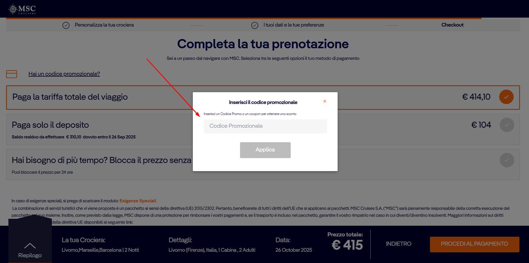 Dove inserire il codice sconto MSC Crociere