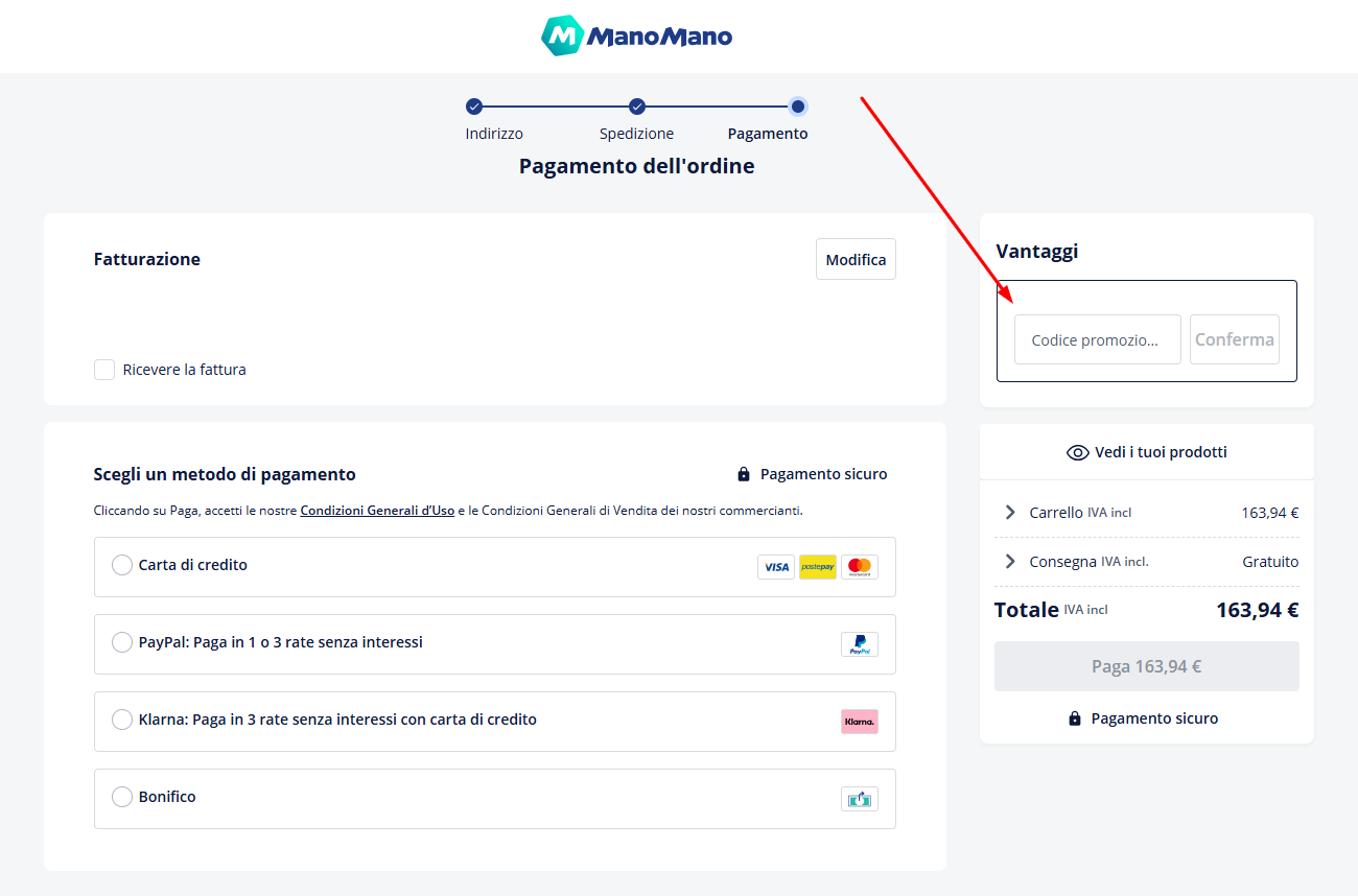 Dove inserire il codice sconto ManoMano