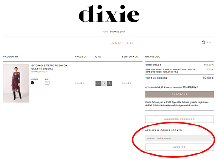 Inserire il codice sconto Dixie