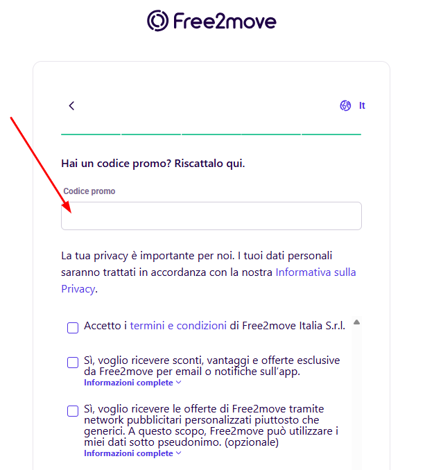 dove inserire il codice sconto Free2move
