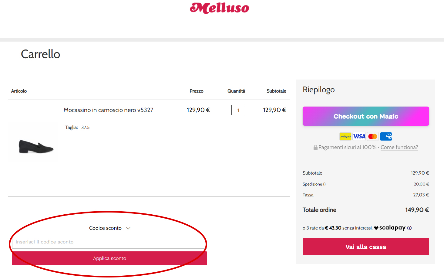 dove inserire il codice sconto Melluso codice sconto Melluso