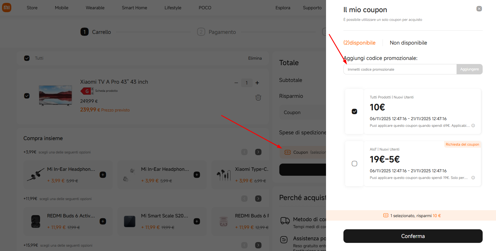 Dove inserire il codice sconto Xiaomi