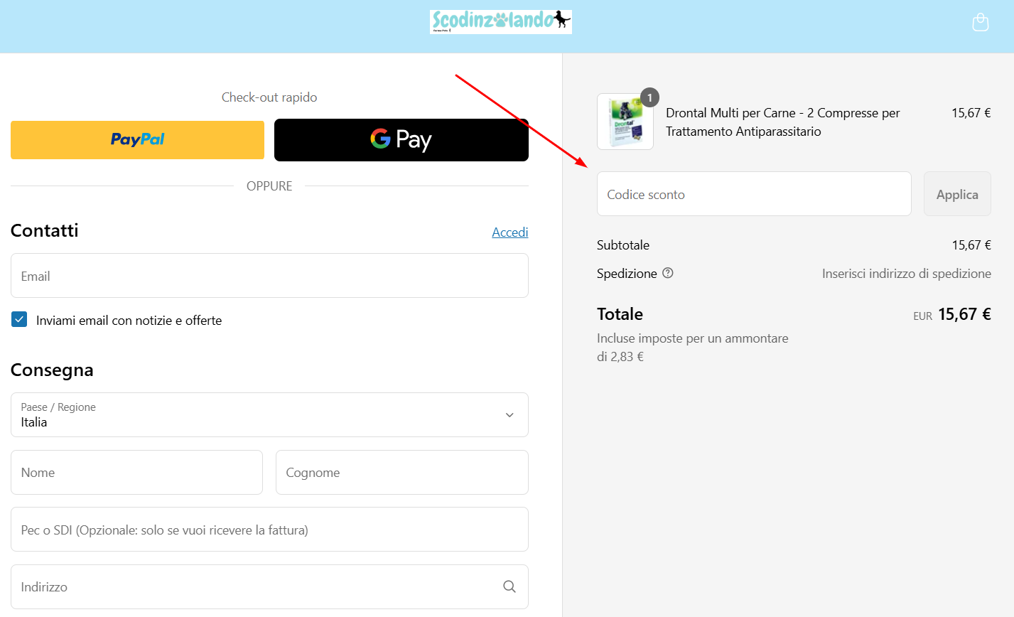 codice sconto Scodinzolando Dove inserire un codice sconto Scodinzolando