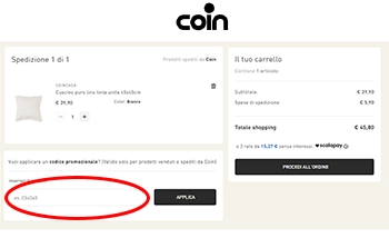 Inserire il codice promozionale Coin Casa Dove inserire il codice sconto Coin