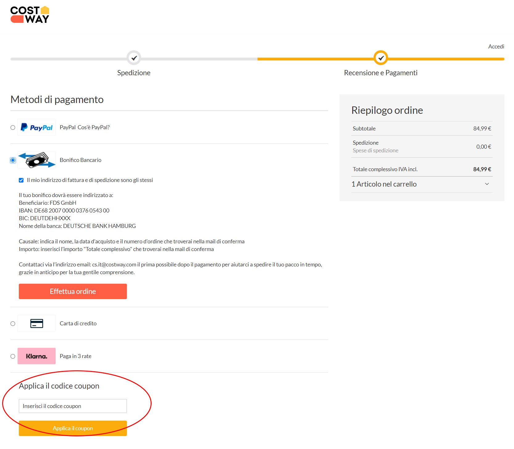 Dove inserire il coupon Costway codice sconto Costway