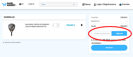 Dove inserire il codice sconto Padel Market