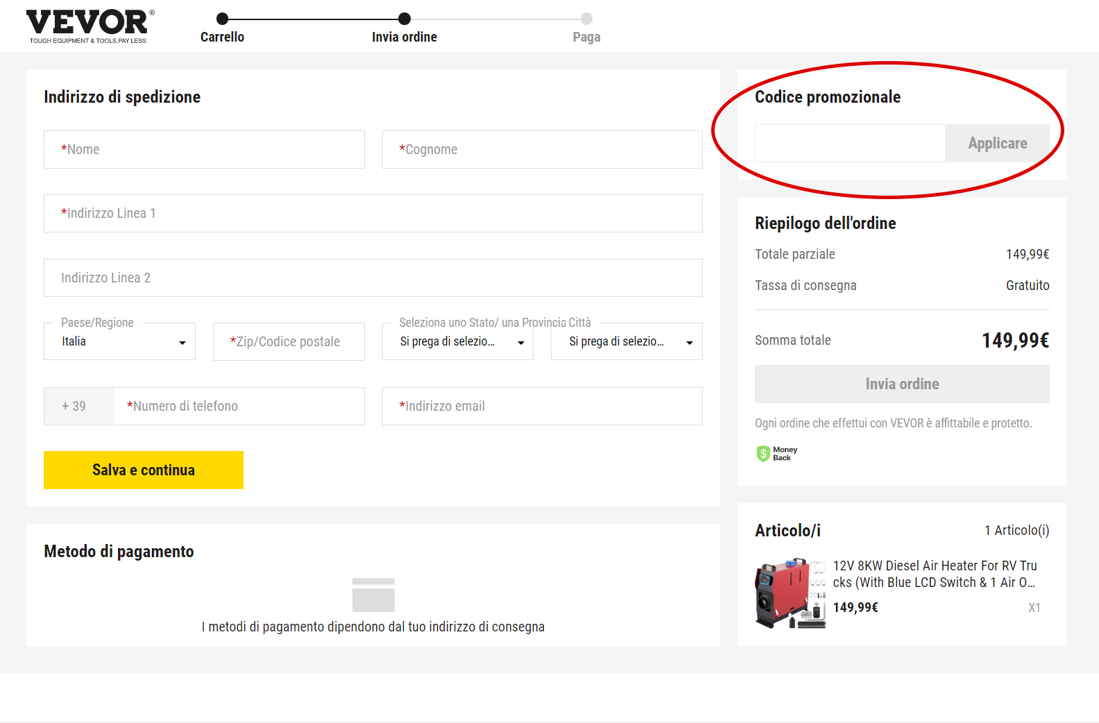 dove inserire il codice sconto Vevor codice sconto Vevor