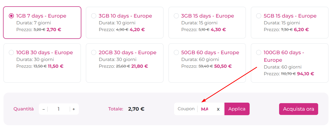 codice sconto eSIM Dove inserire il codice sconto eSIM