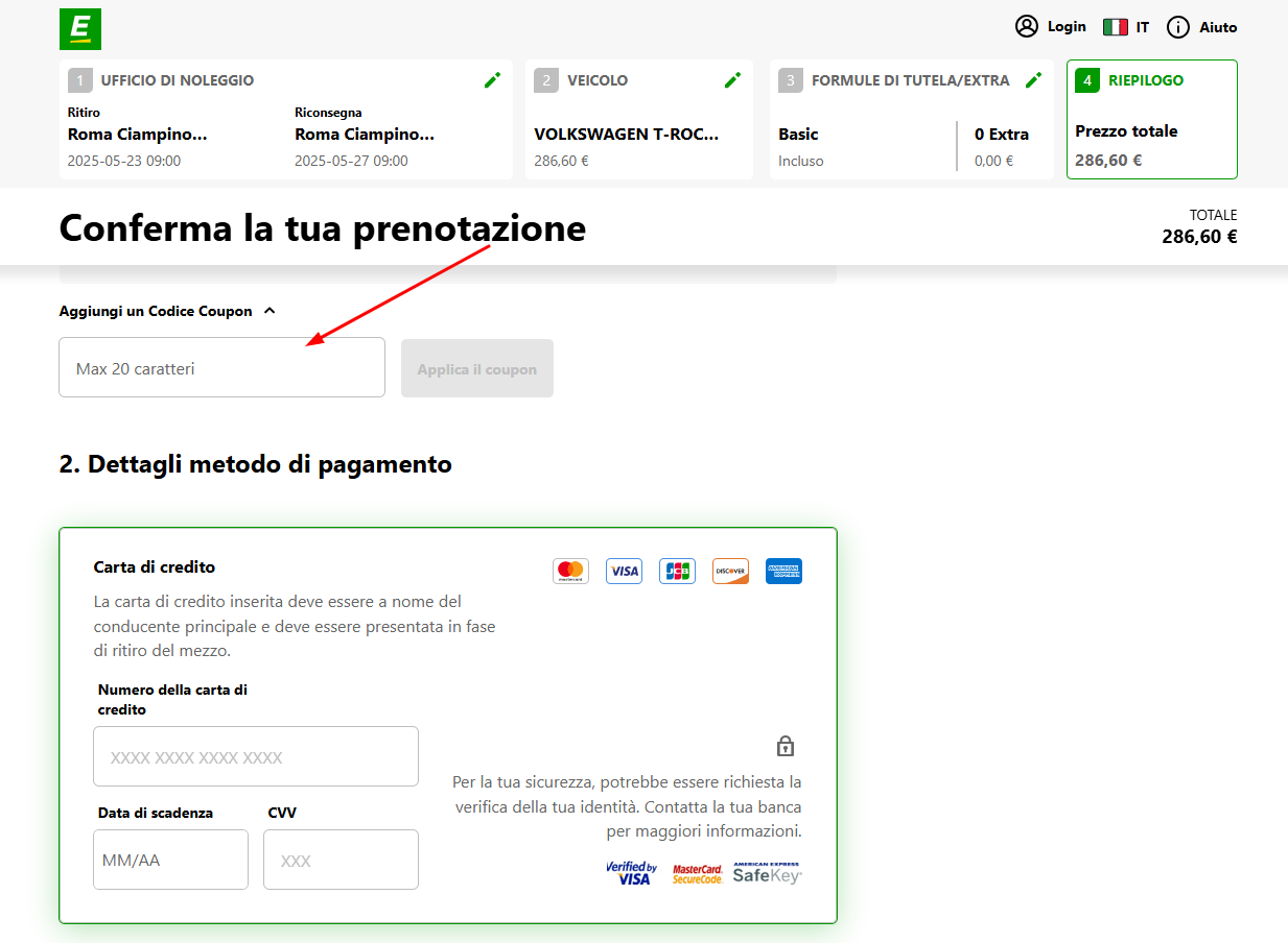 codice coupon Europcar Dove inserire il codice sconto Europcar