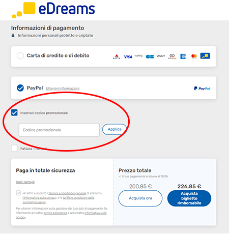 dove va messo un codice promozionale eDreams Dove inserire il codice sconto eDreams